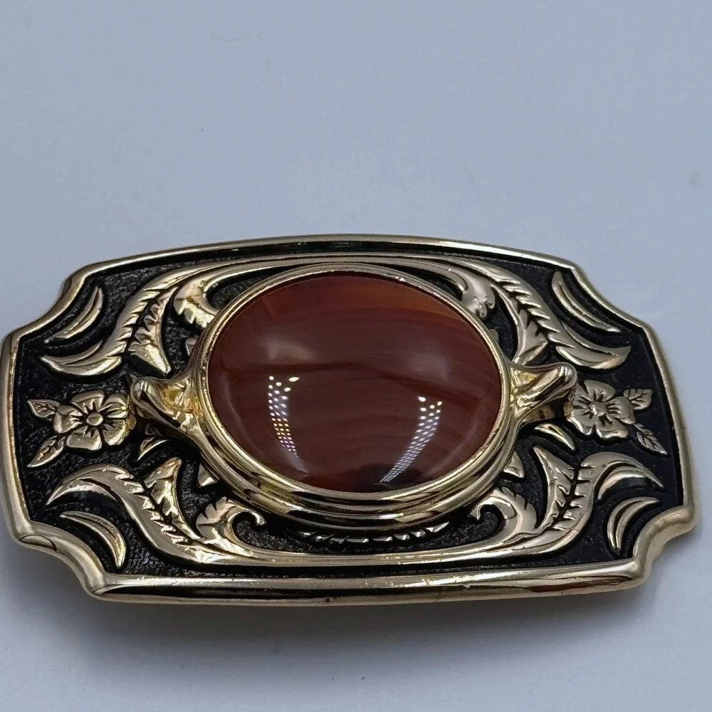 Vintage Western Belt Buckle Gold Tone Faux Carnelian Agate Floral Made in USA